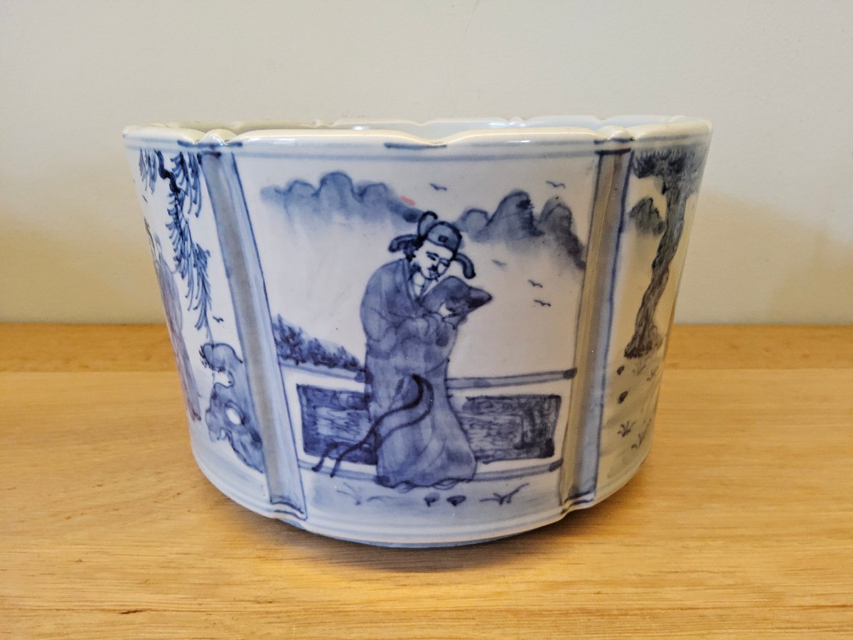 Chine. Lave pinceaux "bitong" en porcelaine et décors en bleu sous couverte-photo-1