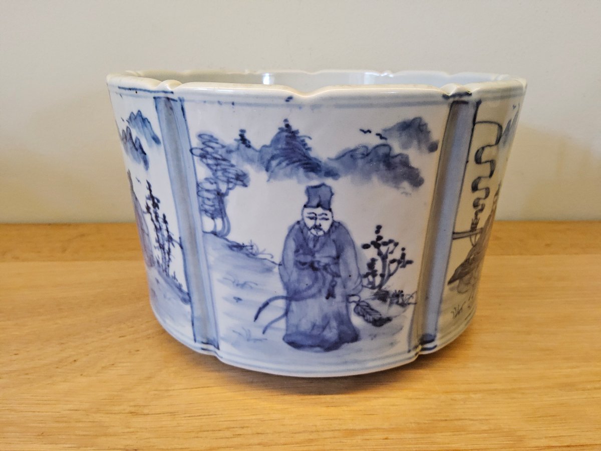 Chine. Lave pinceaux "bitong" en porcelaine et décors en bleu sous couverte-photo-2