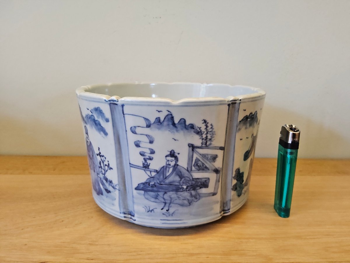 Chine. Lave pinceaux "bitong" en porcelaine et décors en bleu sous couverte-photo-3