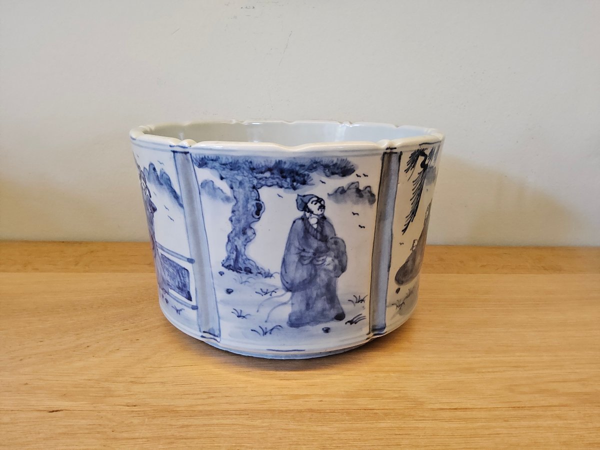 Chine. Lave pinceaux "bitong" en porcelaine et décors en bleu sous couverte-photo-4