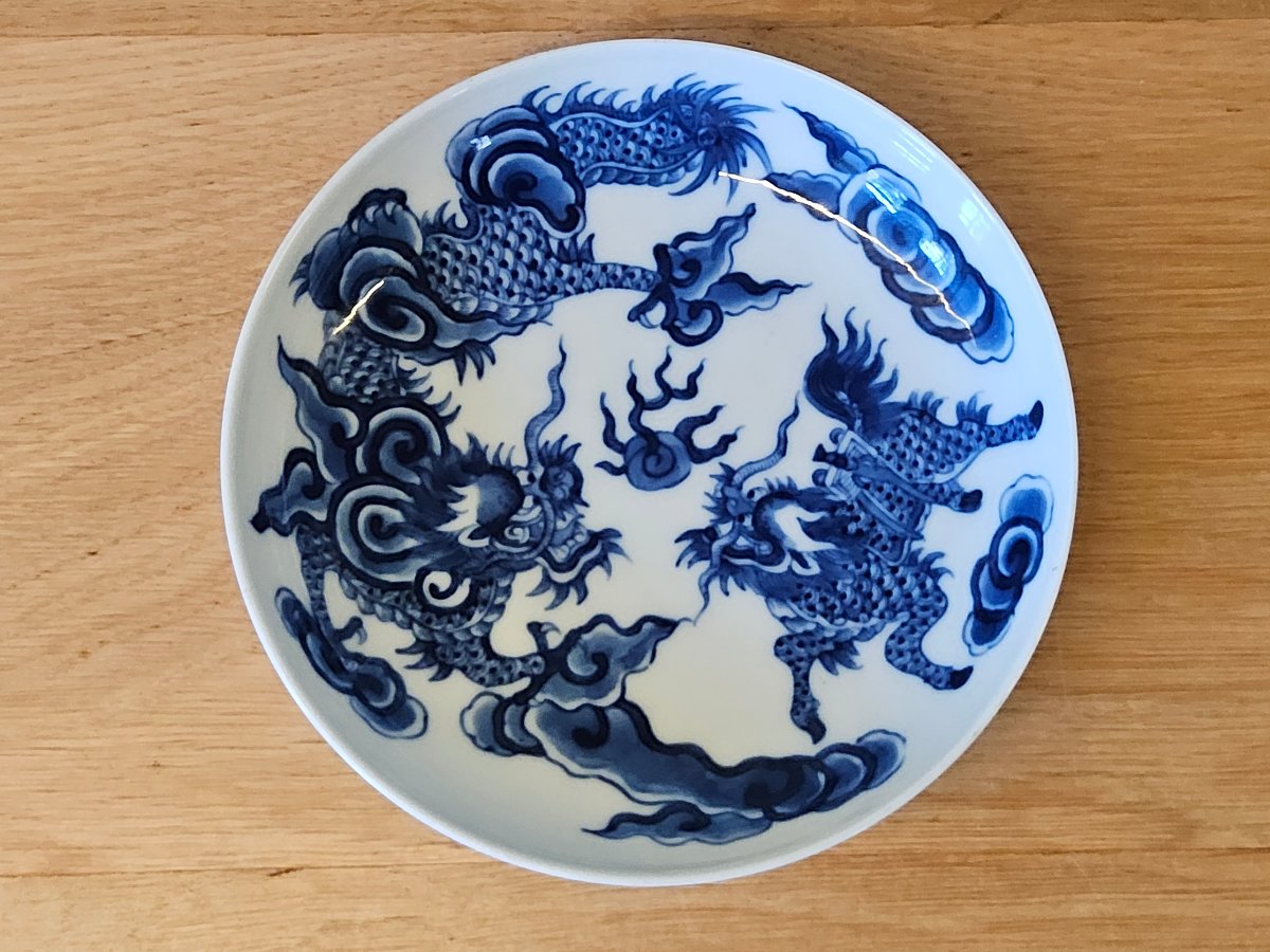 Vietnam. Coupelle au dragon et Qiling. Bleu de Hué.-photo-2