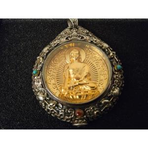 Amulette, pendentif de protection bouddhique en argent massif, plaqué or, turquoise naturelles 