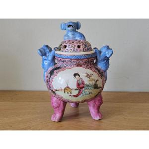 Chinese Tripod Perfume Burner In Famille Rose Porcelain