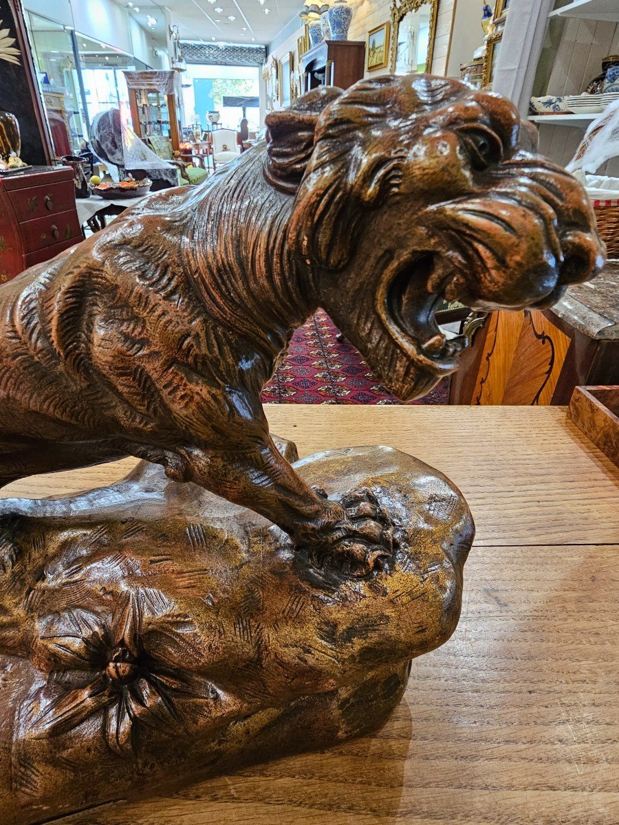 Emile Rouff. "le Tigre En Furie" Sculpture En Terre Cuite Patinée.-photo-2
