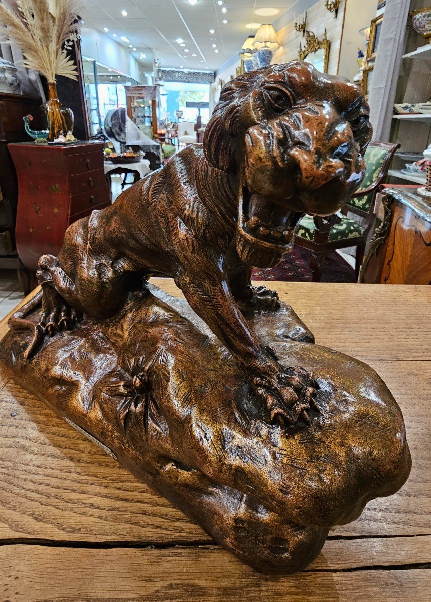 Emile Rouff. "le Tigre En Furie" Sculpture En Terre Cuite Patinée.