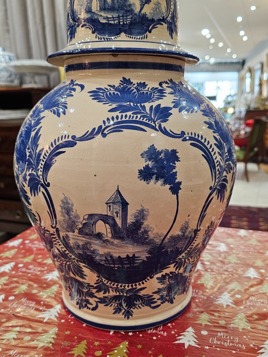 Malicorne. Large Covered Earthenware Pot In The Delft Style.-photo-3