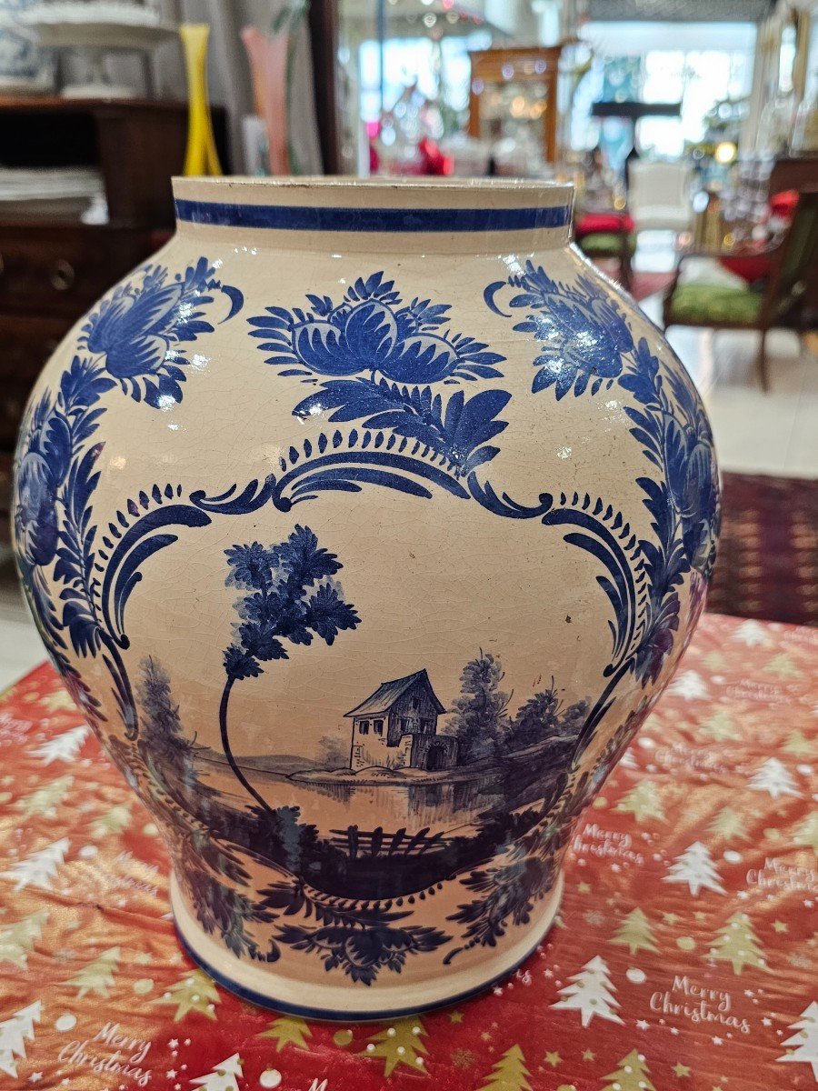 Malicorne. Large Covered Earthenware Pot In The Delft Style.-photo-5