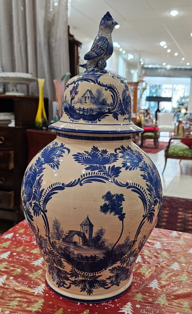 Malicorne. Large Covered Earthenware Pot In The Delft Style.