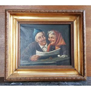 Oil On Canvas. Old Couple Reading The Newspaper.