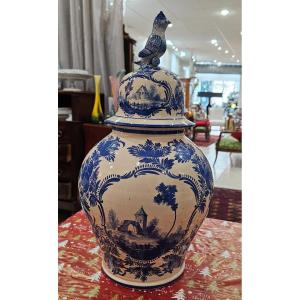 Malicorne. Large Covered Earthenware Pot In The Delft Style.