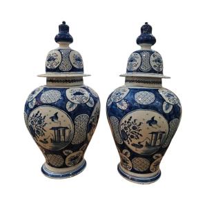 Delft. Pairs Of Covered Pots.