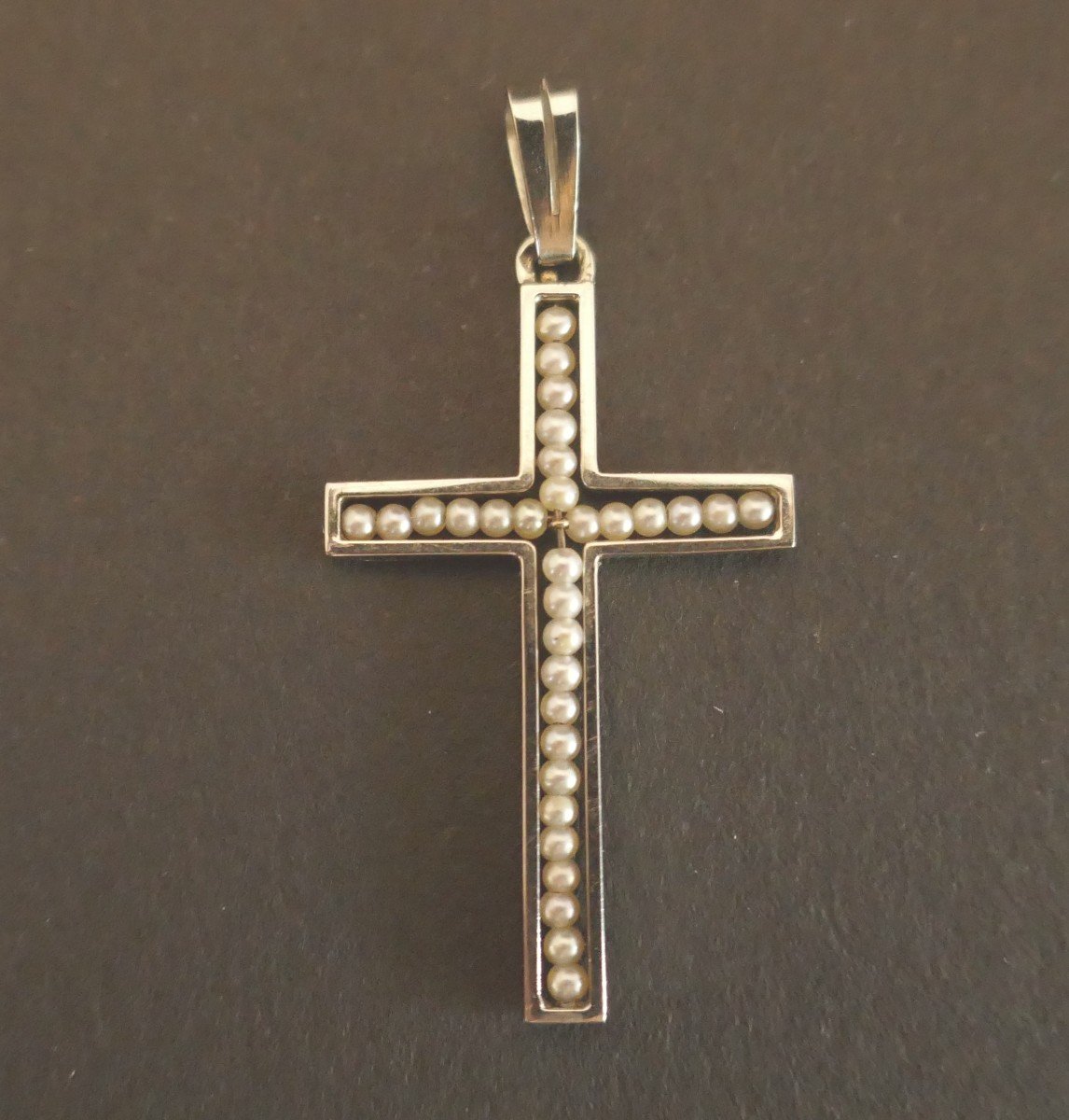 Pendentif Croix Perles Fines , Or Blanc 18 Carats-photo-2