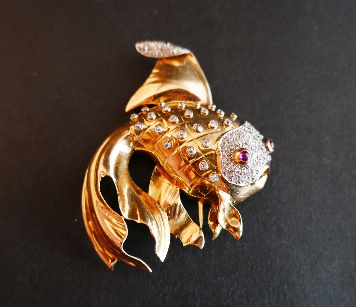 Ruby And Diamond Fish Brooch, Platinum And 18 Carat Yellow Gold.