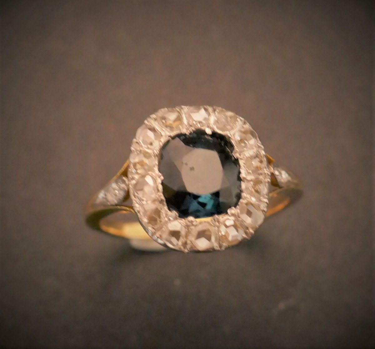 Ring Adorned With A Sapphire And Rose Cut Diamonds, Gold And Platinum.-photo-4