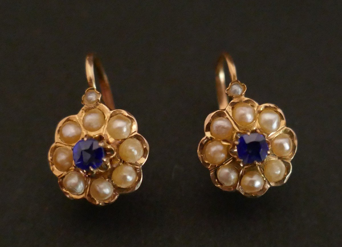 Old Verneuils Fine Pearl And Sapphire Stud Earrings.