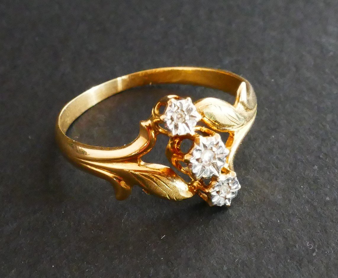 Ring Set With Rose Cut Diamonds, 2 Tone Gold.-photo-2