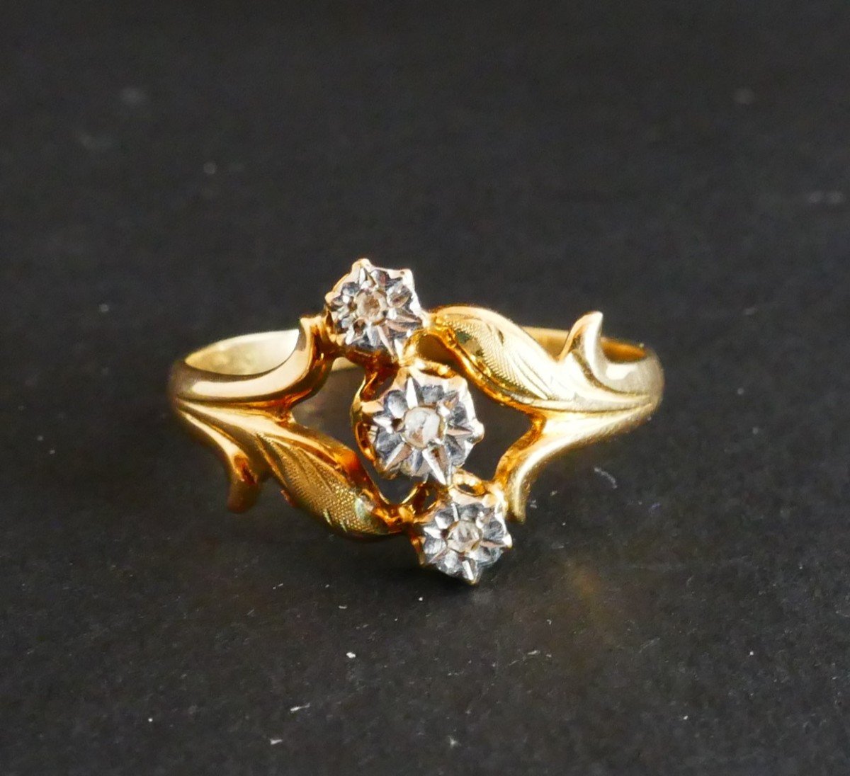 Ring Set With Rose Cut Diamonds, 2 Tone Gold.