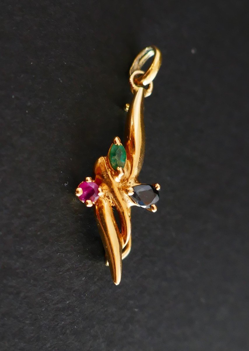 Emerald, Sapphire, Ruby, 18k Gold Pendant Brooch.
