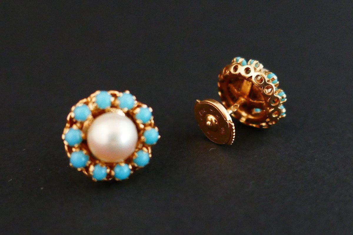 Boucles d'Oreilles Perles Et Turquoises, Or 18 Carats.-photo-4