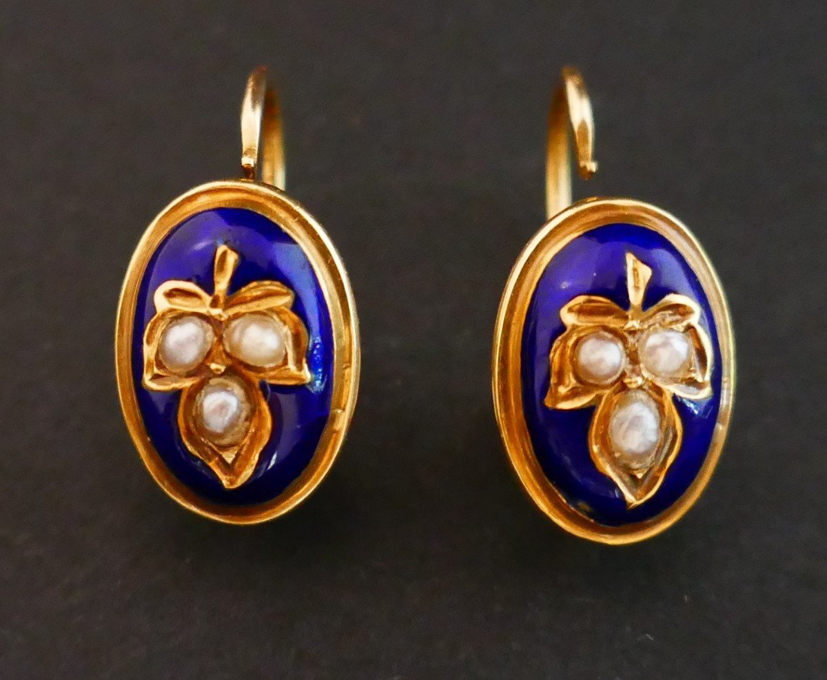 Antique Enamel And Pearl Stud Earrings, 18 Carat Gold.