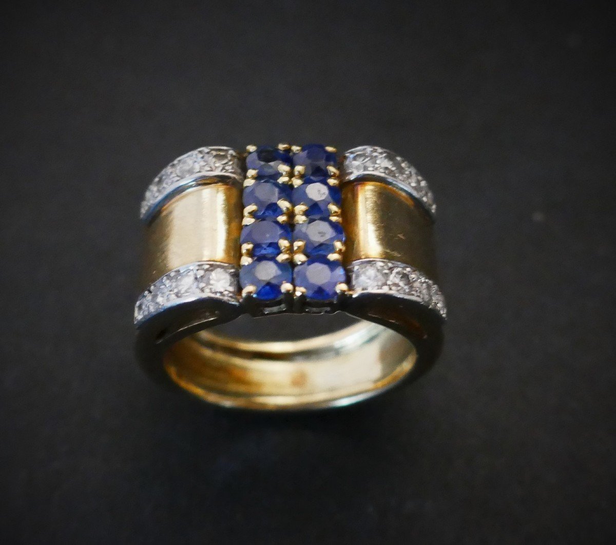 Bague Tank Saphirs Et Diamants, Or 18 Carats.-photo-2