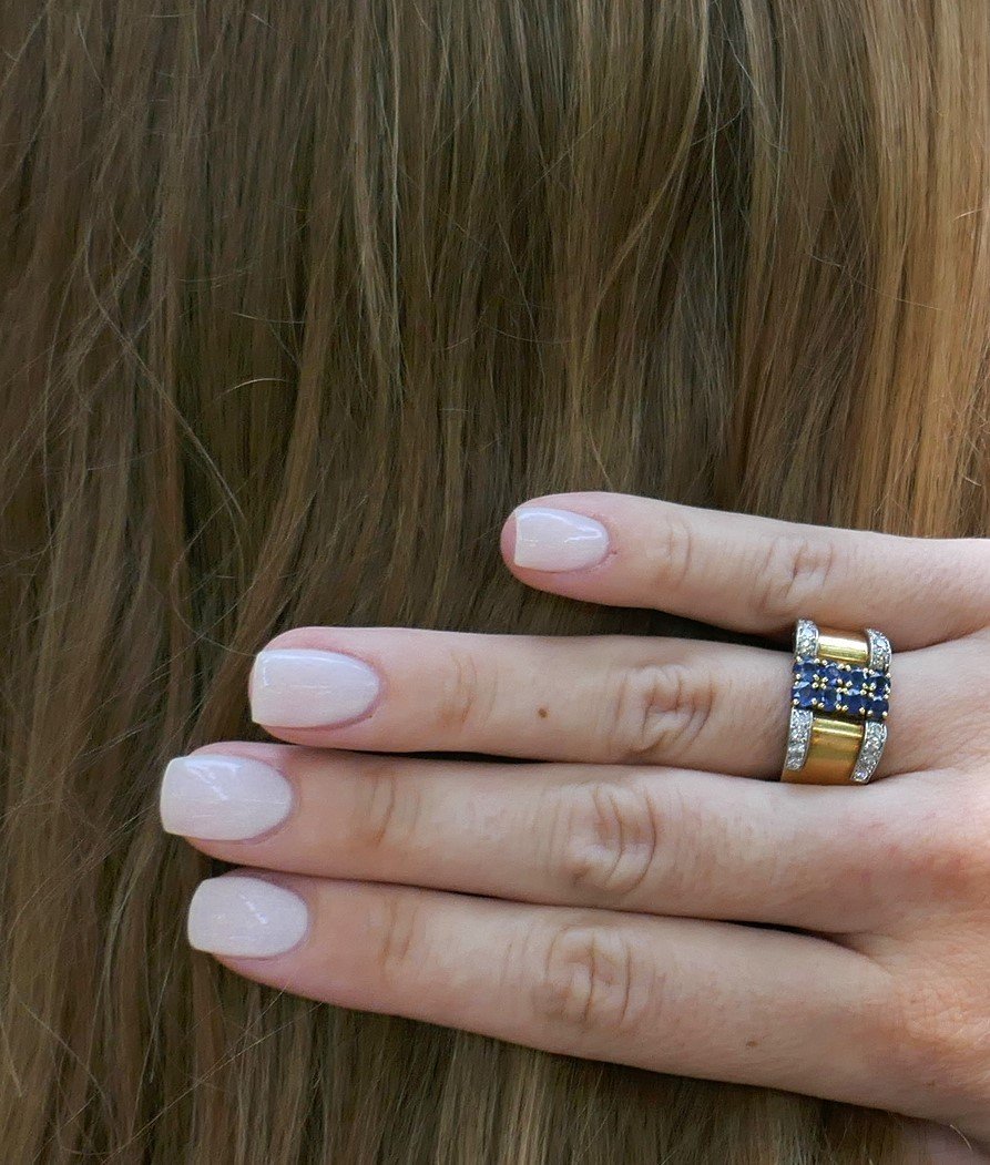 Bague Tank Saphirs Et Diamants, Or 18 Carats.-photo-3