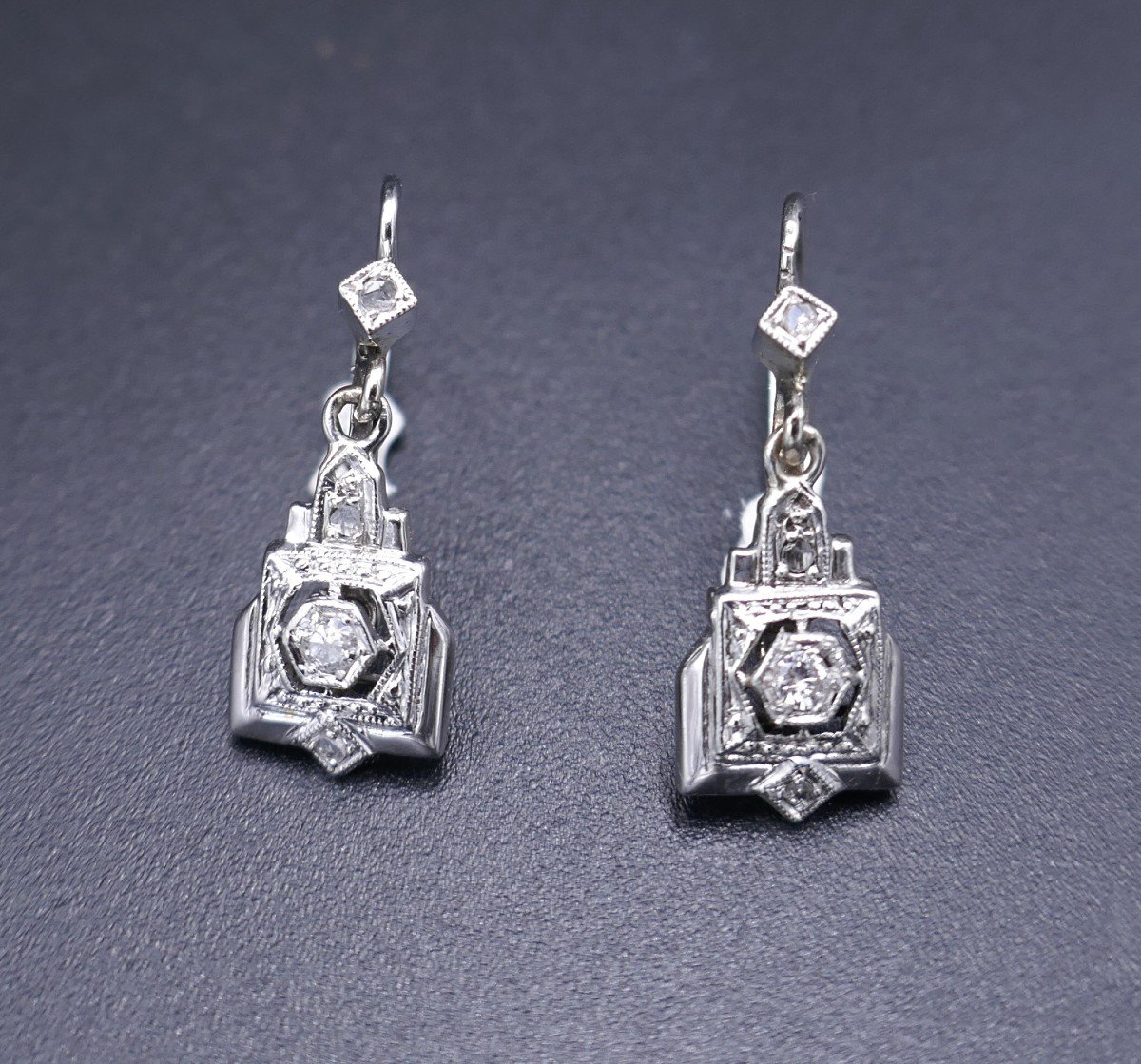 Art Deco Earrings Adorned With White Diamonds.