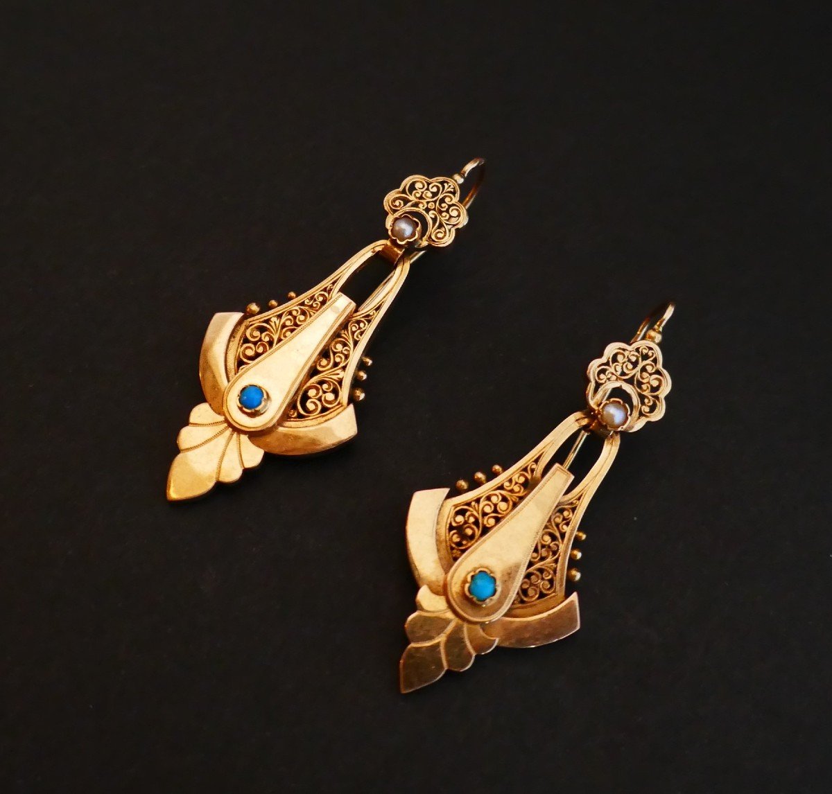 Boucles d'Oreilles Napoléon III En Or Rose, Perles Et Turquoises.-photo-4