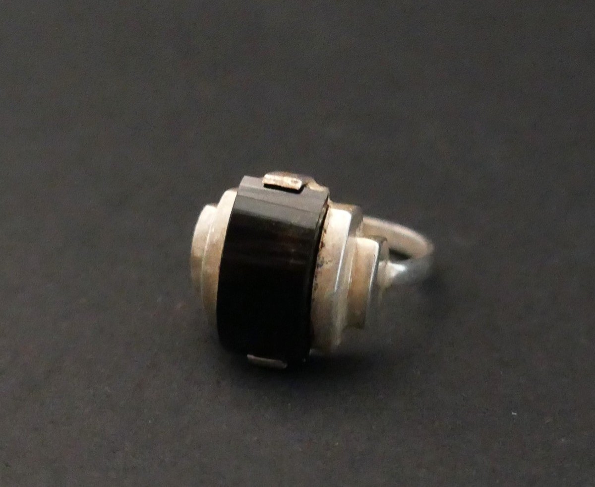 Bague En Argent, Art Déco, Pierre Noire.-photo-2