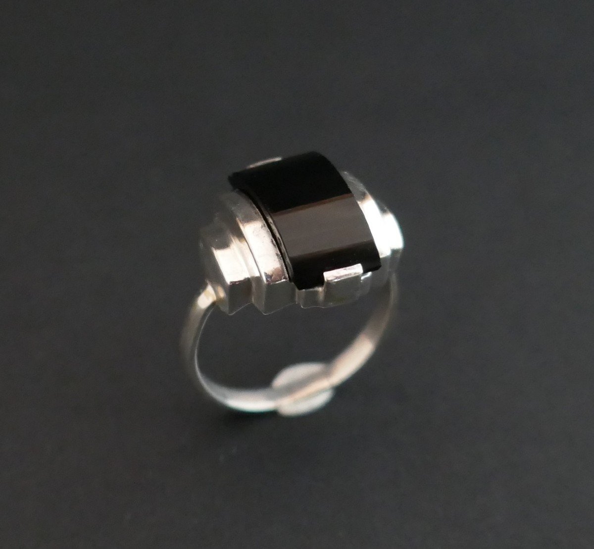 Bague En Argent, Art Déco, Pierre Noire.-photo-4