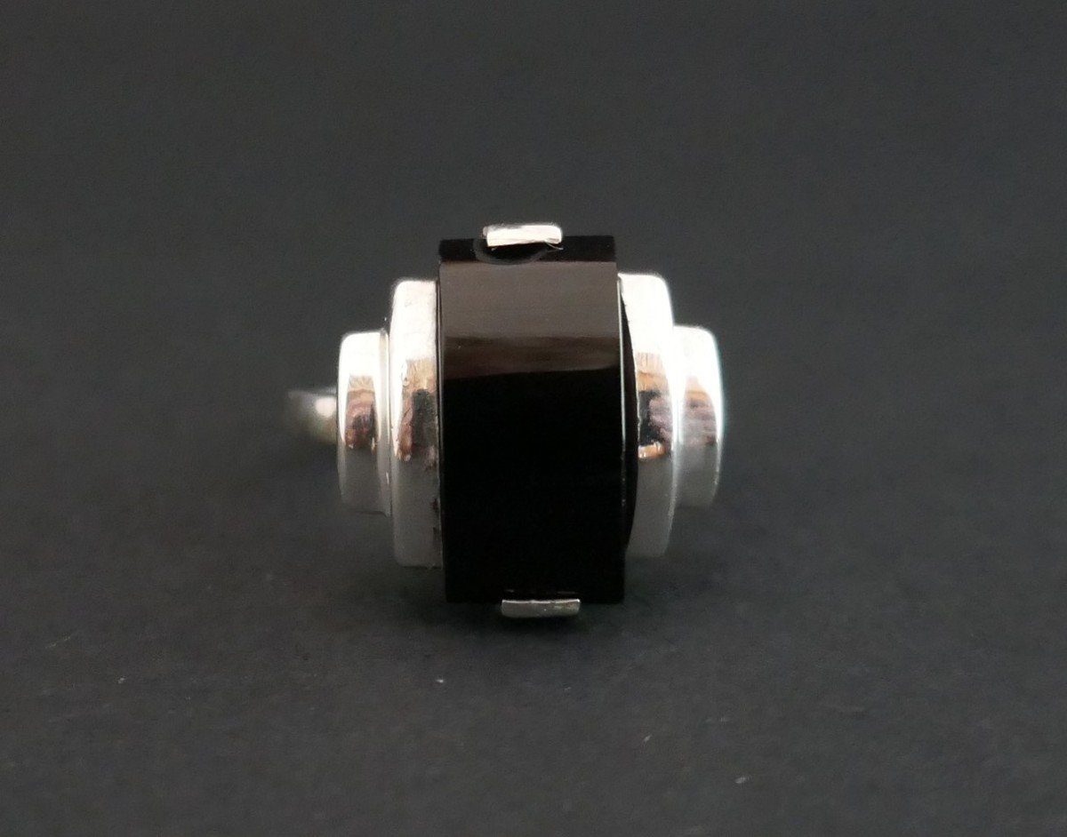 Bague En Argent, Art Déco, Pierre Noire.