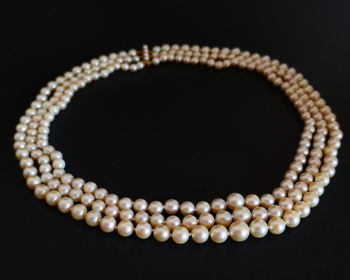 3 Row Cultured Pearl Necklace, Pearl Clasp.-photo-4