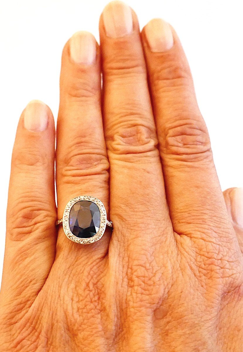 Bague Saphir 6,8 Carats Et Diamants, Monture En Platine. Certificat.-photo-2