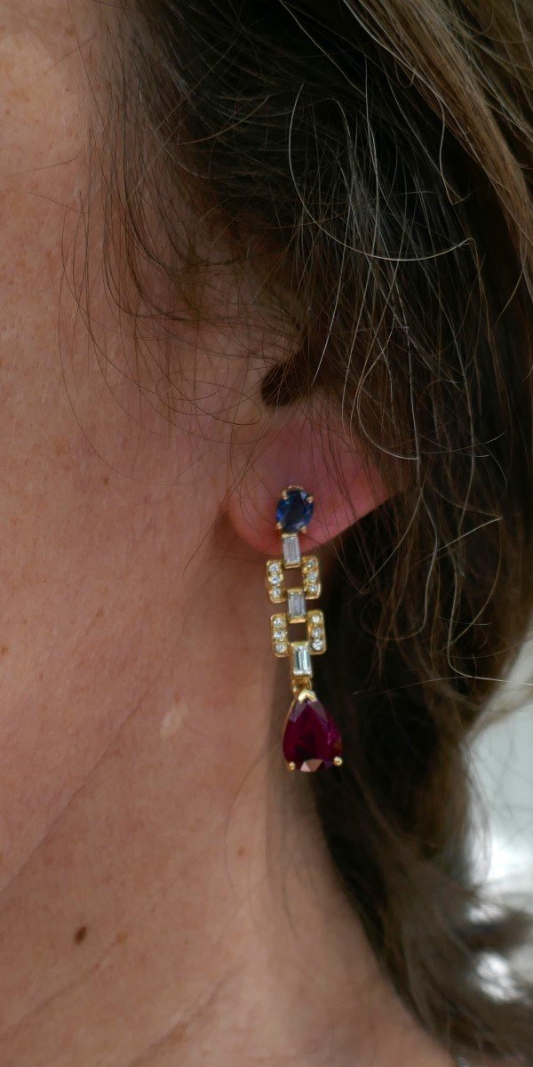 Pair Of Sapphire, Diamond And Ruby Earrings, 18k Gold.-photo-1