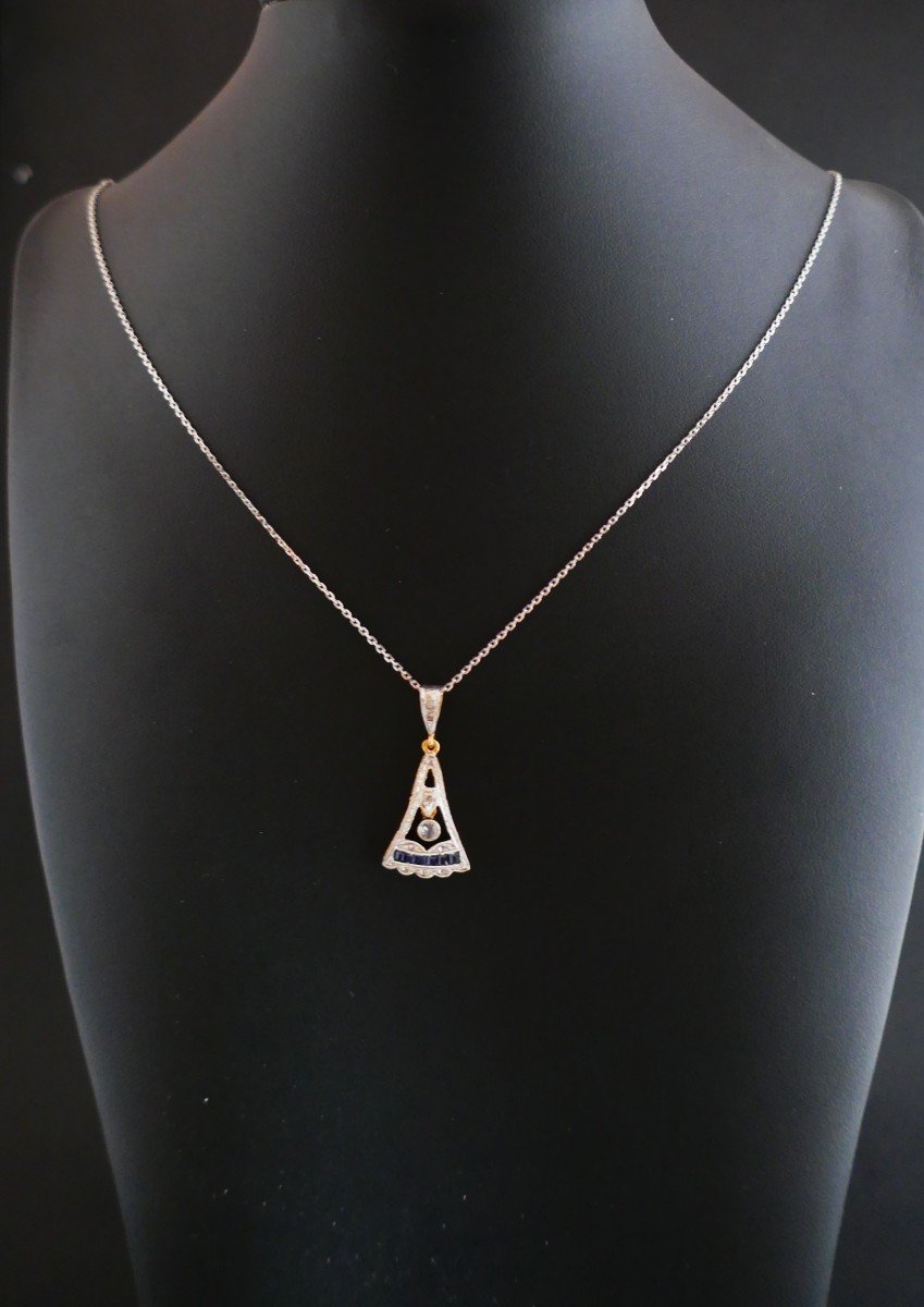 Art Deco Calibrated Diamond And Sapphire Pendant, 18k Gold.-photo-2