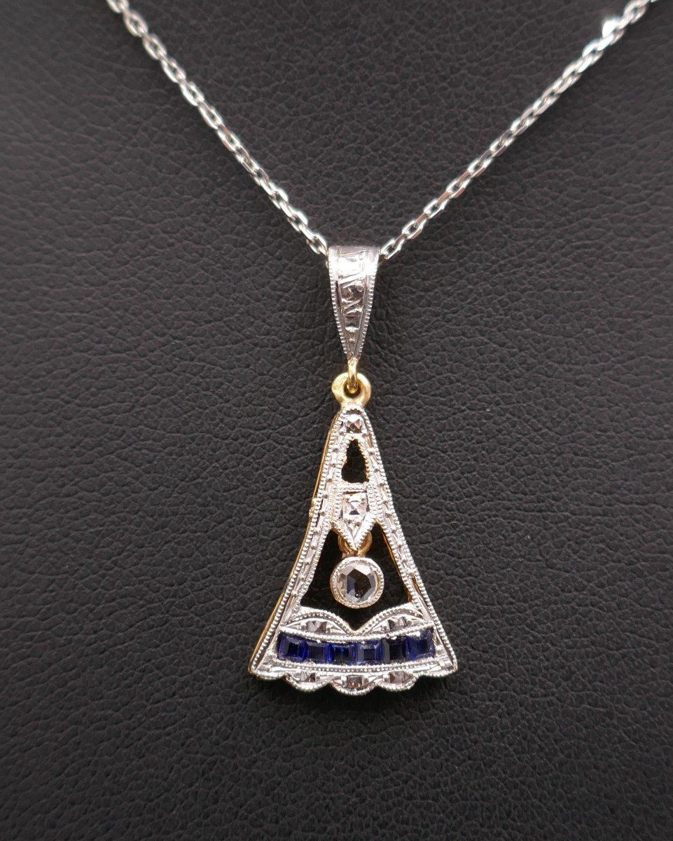 Art Deco Calibrated Diamond And Sapphire Pendant, 18k Gold.