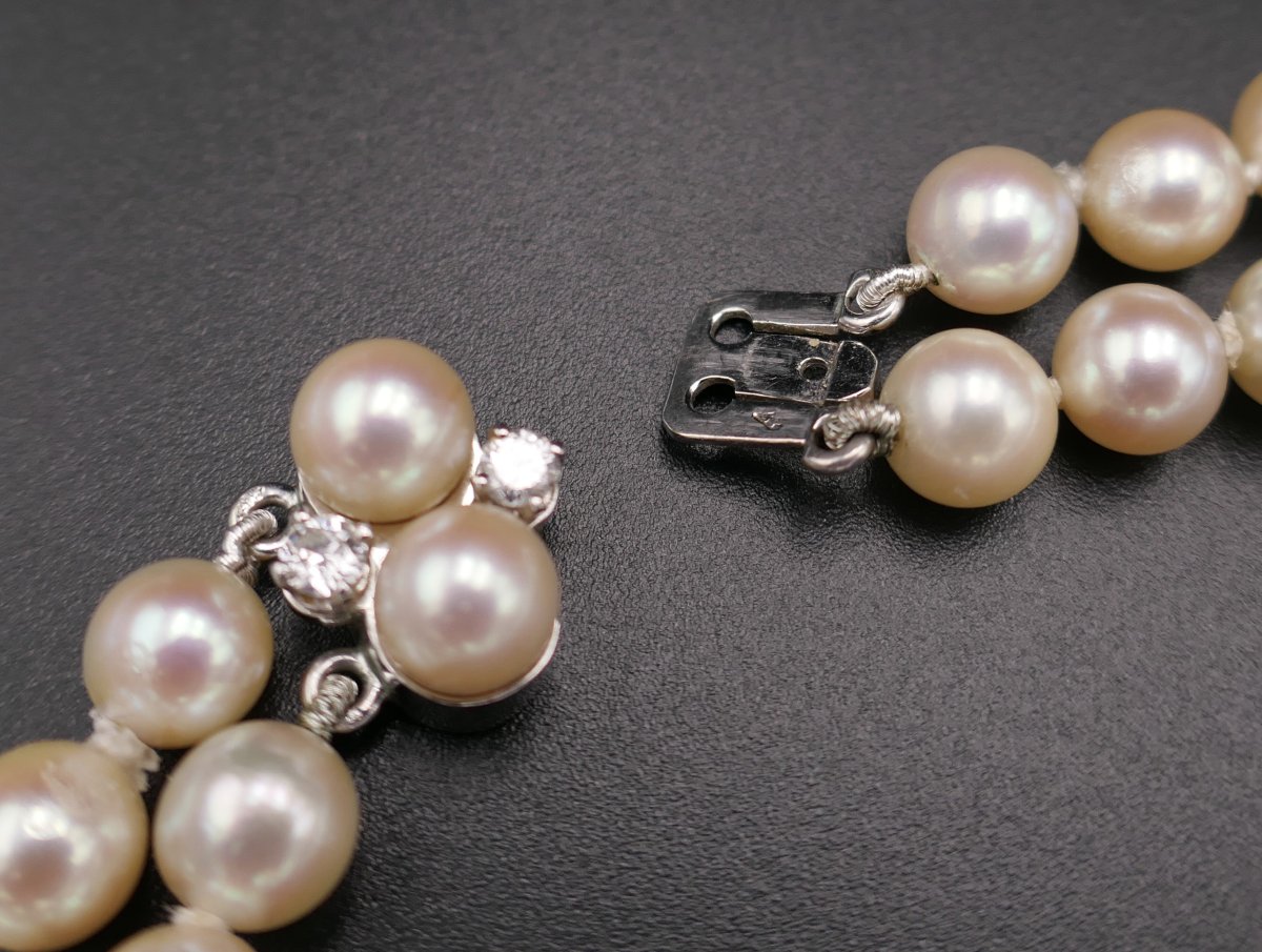 Collier double rang de perles et diamants 1,70 carat.-photo-4