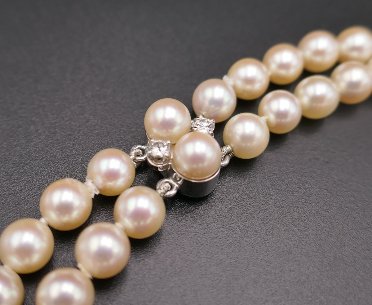 Collier double rang de perles et diamants 1,70 carat.-photo-3
