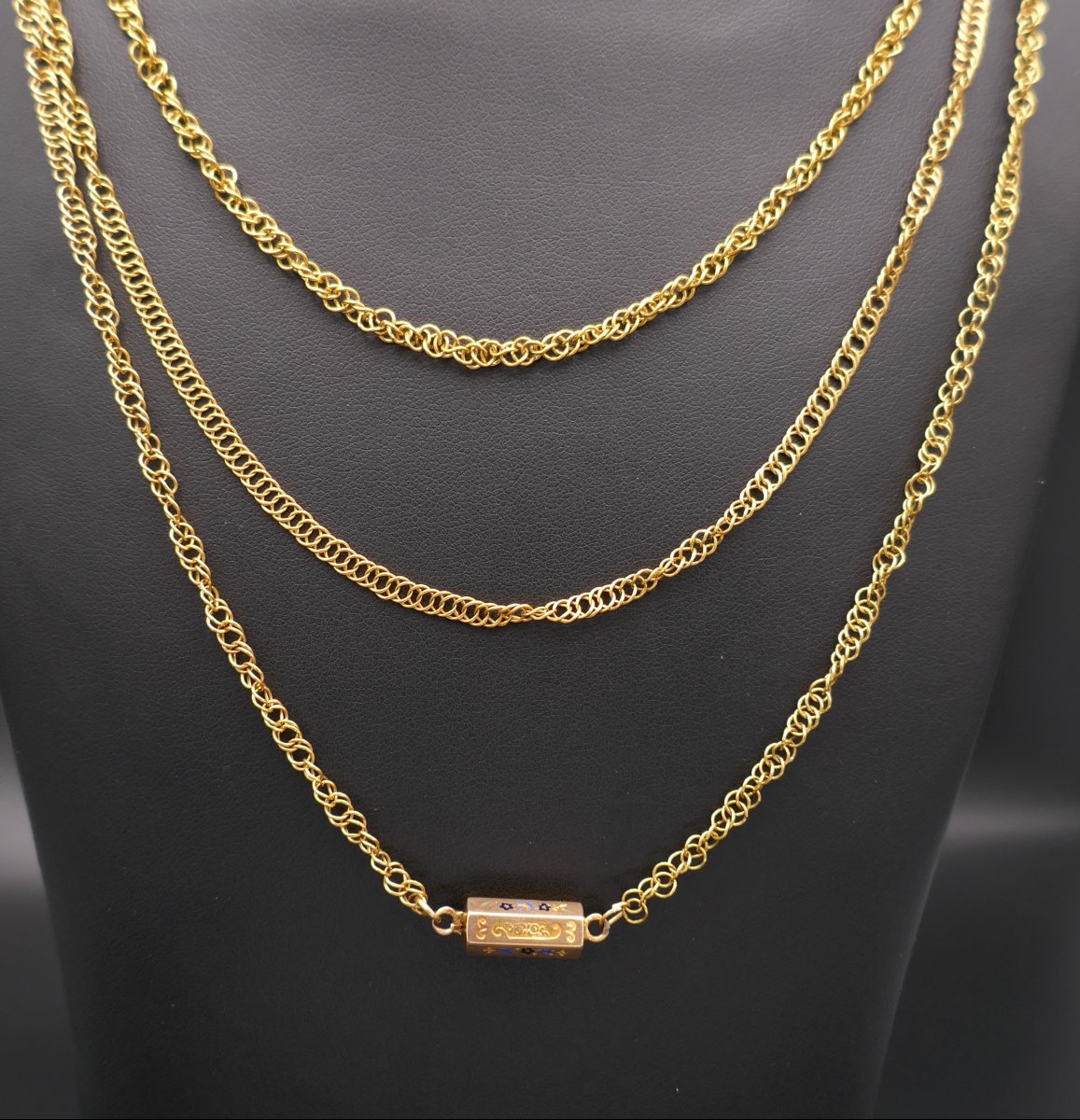 Old Regional Necklace, Flat Link 1.67 Metre, Enameled Clasp.-photo-2