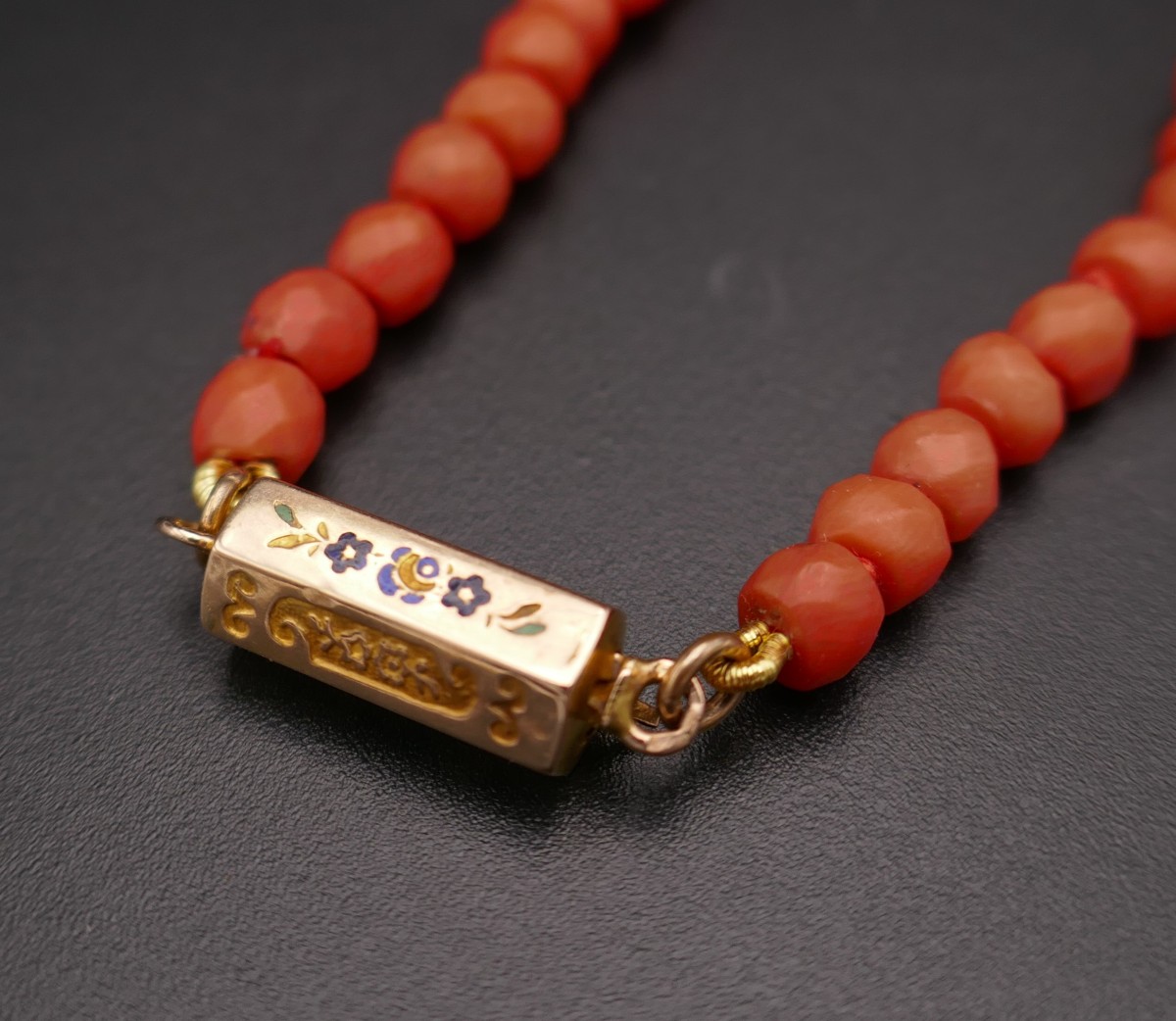 Antique Faceted Coral Bead Necklace, 18k Gold Clasp And Enamel.