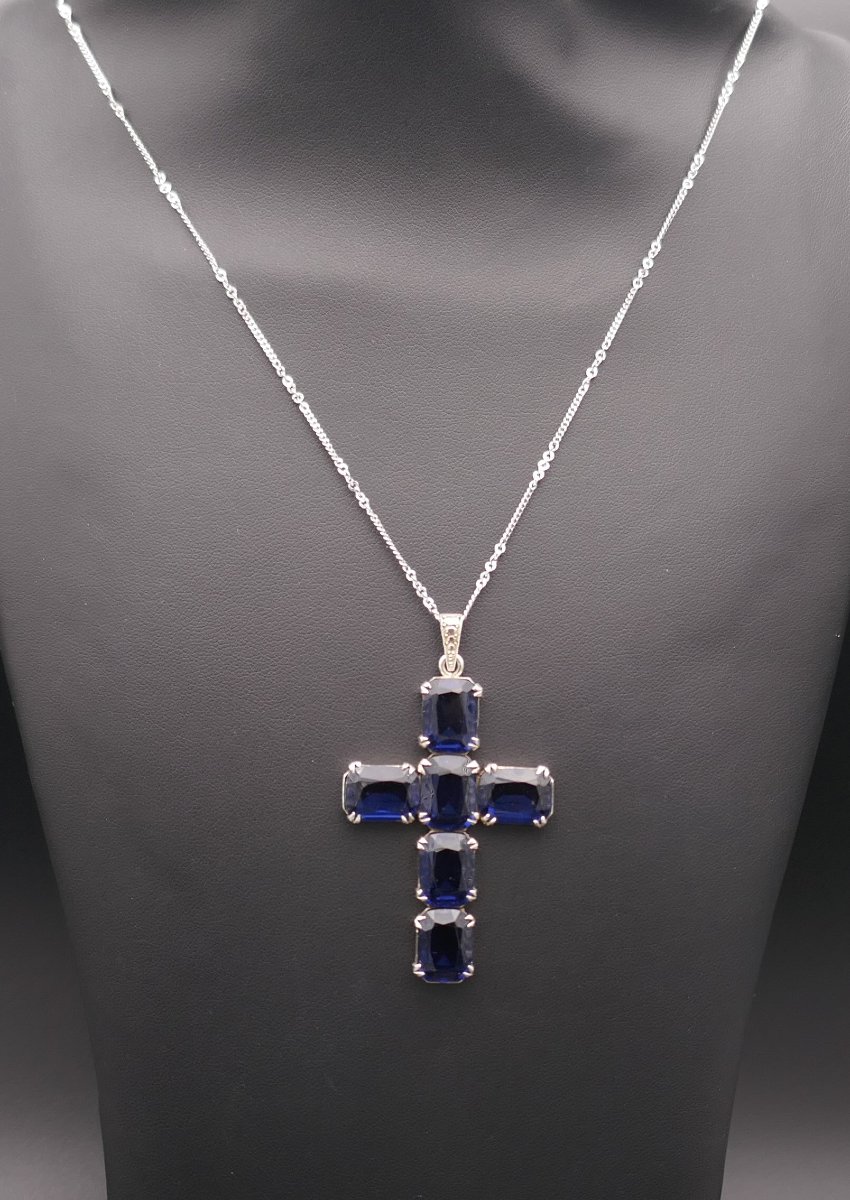 Important Silver And Blue Stone Cross With Silver Chain.-photo-2