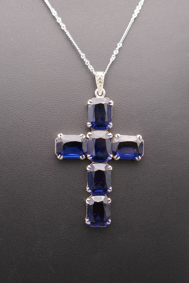 Important Silver And Blue Stone Cross With Silver Chain.-photo-2