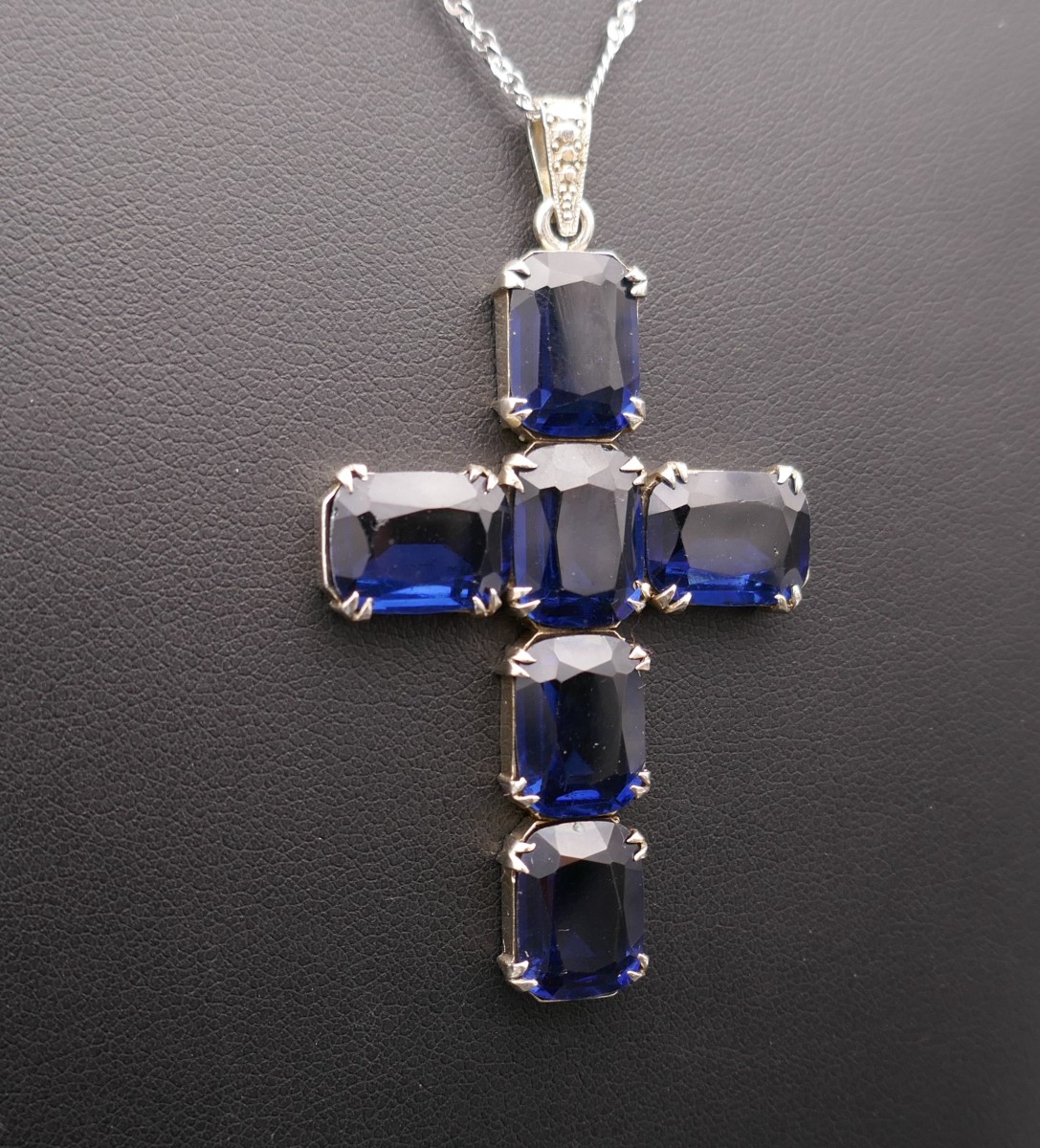 Important Silver And Blue Stone Cross With Silver Chain.