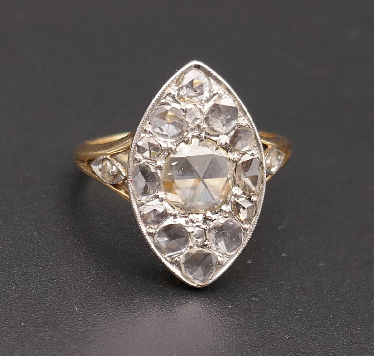 Importante Bague Marquise Diamants Taille Rose, Or Et Platine.-photo-2