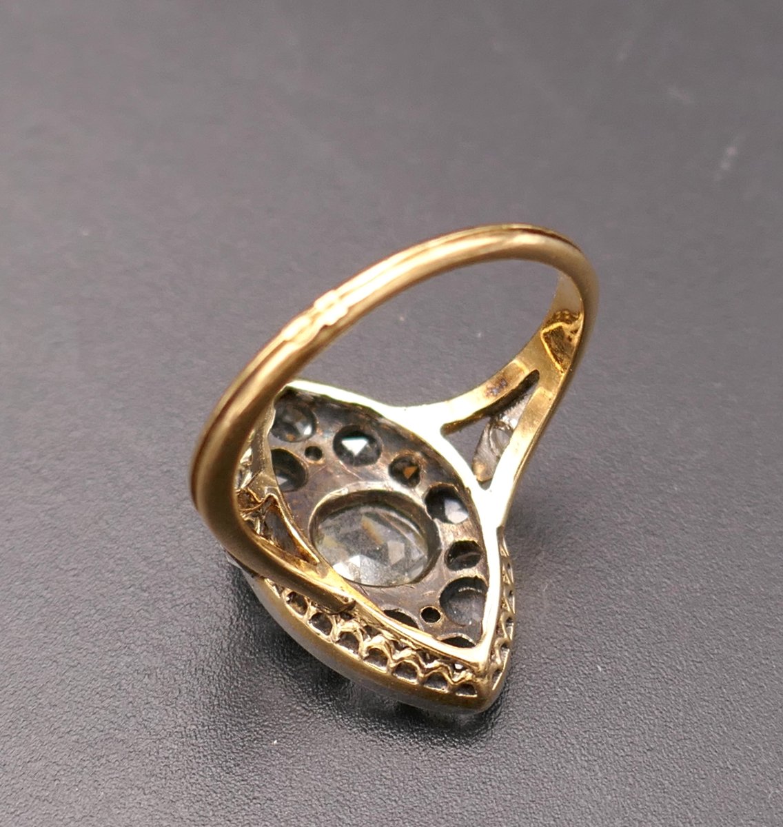 Importante Bague Marquise Diamants Taille Rose, Or Et Platine.-photo-3