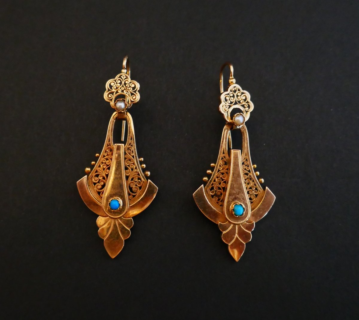 Napoleon III Earrings In Rose Gold, Pearls And Turquoise.-photo-3