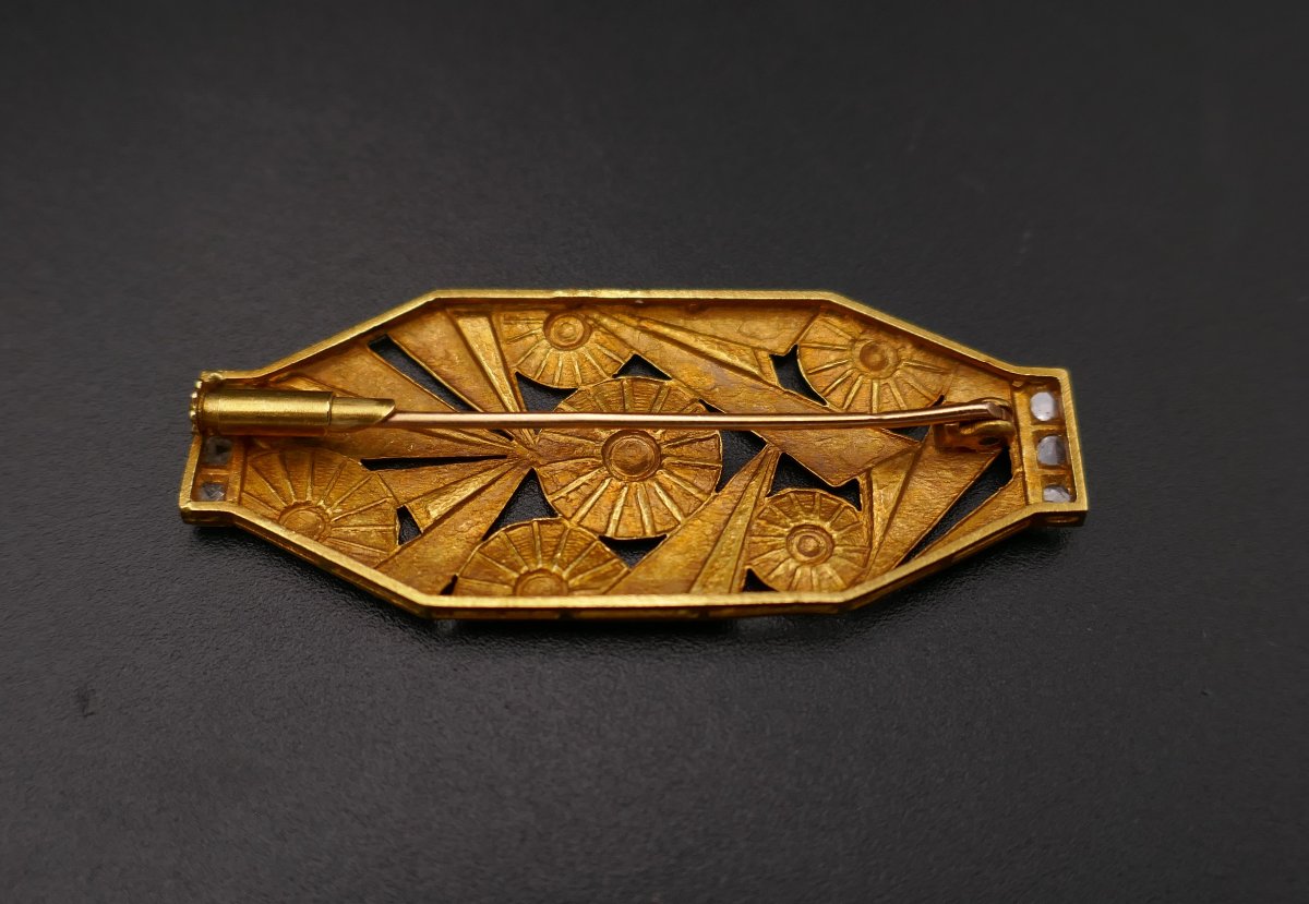 Art Deco Plaque Brooch, Coral, Onyx And Diamonds.-photo-1