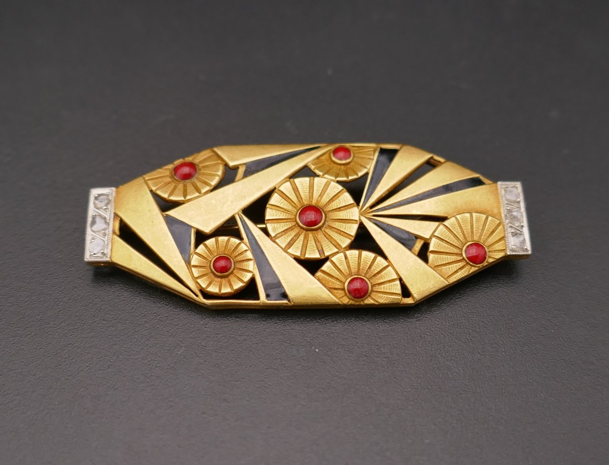 Art Deco Plaque Brooch, Coral, Onyx And Diamonds.-photo-2
