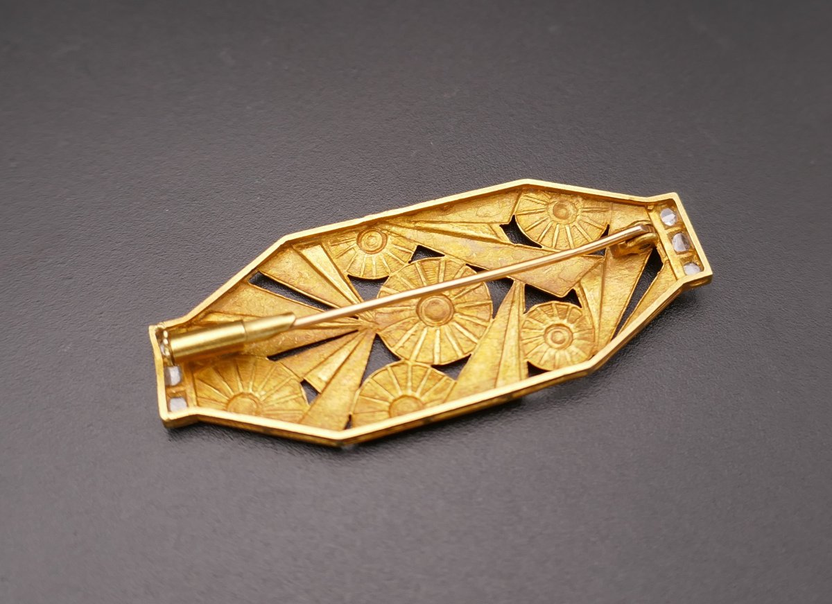 Art Deco Plaque Brooch, Coral, Onyx And Diamonds.-photo-3