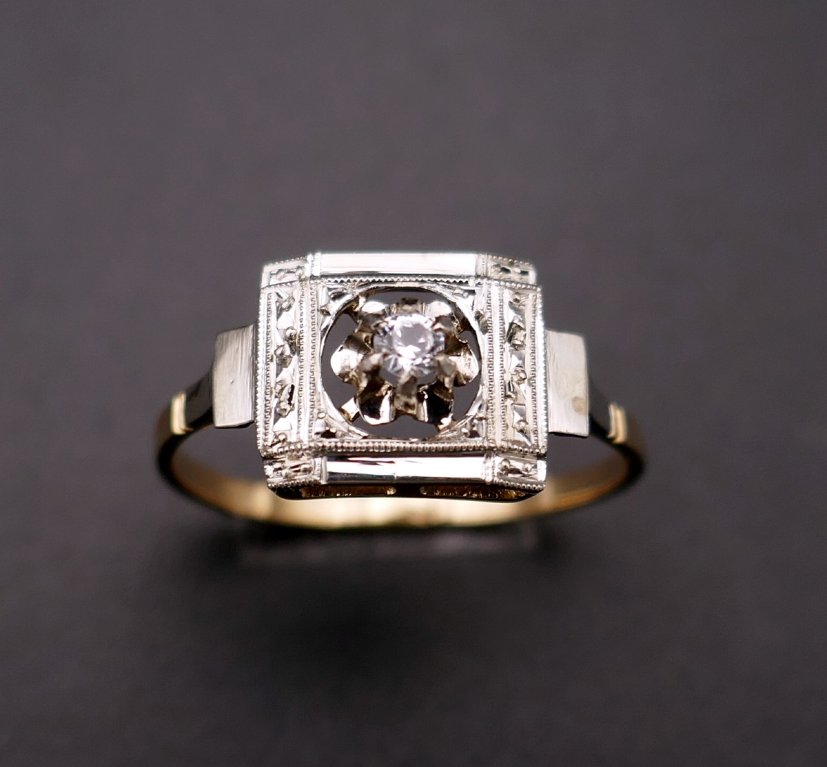 Diamond Ring, Art Deco Style, Two-tone Gold Setting.